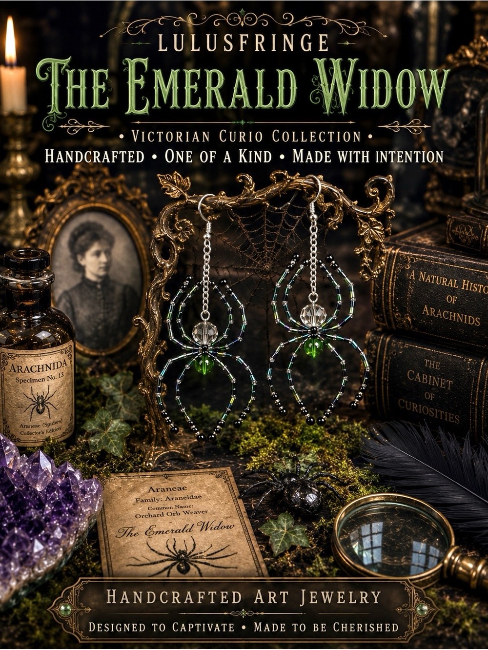 Green Glass Beaded Artisan Spider Earrings